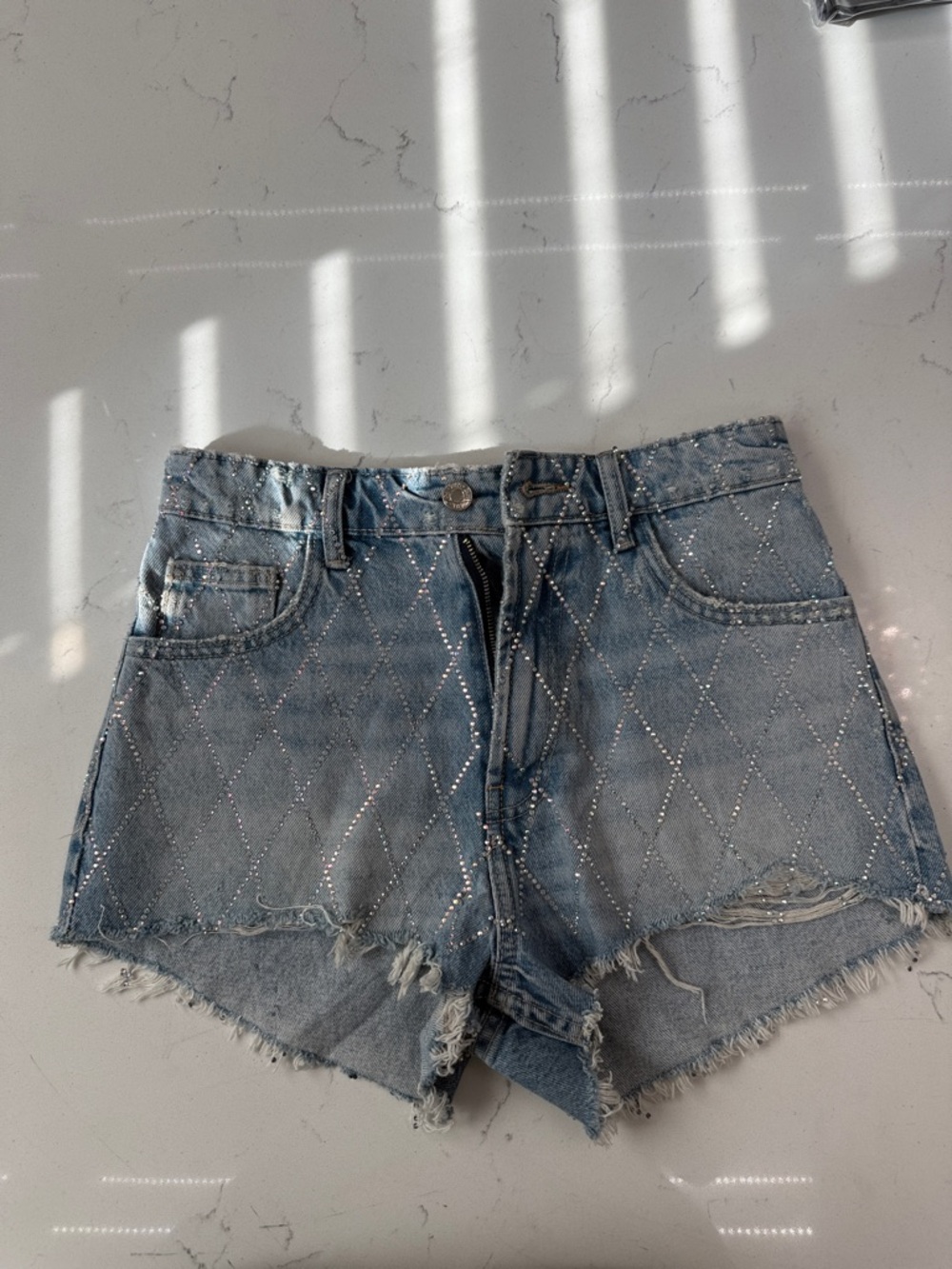 Zara Light Blue Quilted Rhinestone Denim Shorts